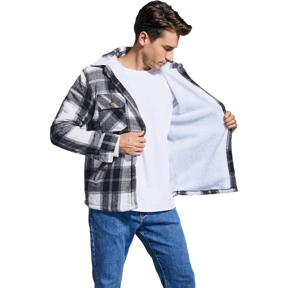 Men's Blackline Cotton Sherpa Lined Button Down Flannel Shirt Jacket Plaid Soft - Picture 3 of 7